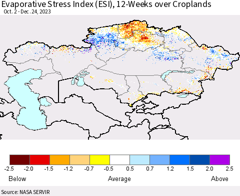 Kazakhstan Evaporative Stress Index (ESI), 12-Weeks over Croplands Thematic Map For 12/18/2023 - 12/24/2023