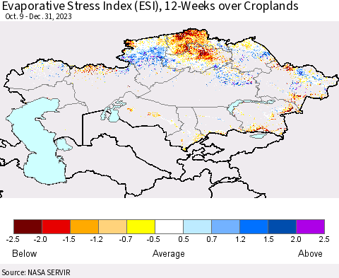 Kazakhstan Evaporative Stress Index (ESI), 12-Weeks over Croplands Thematic Map For 12/25/2023 - 12/31/2023