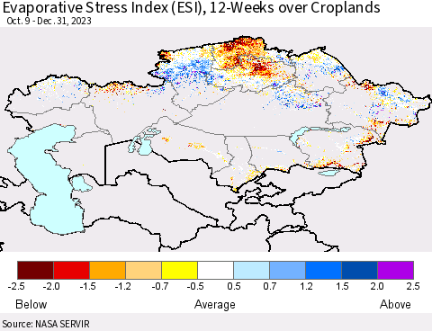 Kazakhstan Evaporative Stress Index (ESI), 12-Weeks over Croplands Thematic Map For 1/1/2024 - 1/7/2024