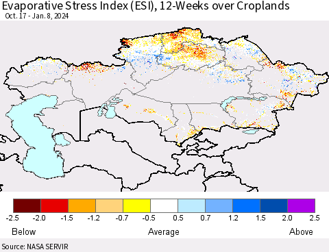 Kazakhstan Evaporative Stress Index (ESI), 12-Weeks over Croplands Thematic Map For 1/8/2024 - 1/14/2024