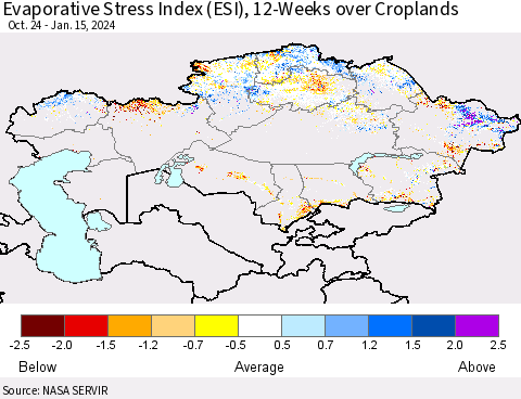 Kazakhstan Evaporative Stress Index (ESI), 12-Weeks over Croplands Thematic Map For 1/15/2024 - 1/21/2024