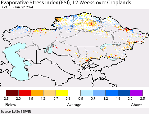 Kazakhstan Evaporative Stress Index (ESI), 12-Weeks over Croplands Thematic Map For 1/22/2024 - 1/28/2024