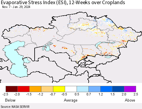 Kazakhstan Evaporative Stress Index (ESI), 12-Weeks over Croplands Thematic Map For 1/29/2024 - 2/4/2024