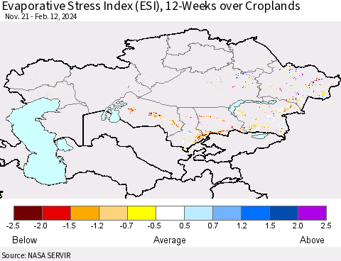 Kazakhstan Evaporative Stress Index (ESI), 12-Weeks over Croplands Thematic Map For 2/12/2024 - 2/18/2024