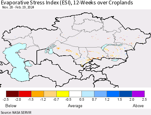 Kazakhstan Evaporative Stress Index (ESI), 12-Weeks over Croplands Thematic Map For 2/19/2024 - 2/25/2024