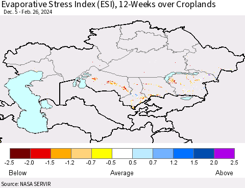 Kazakhstan Evaporative Stress Index (ESI), 12-Weeks over Croplands Thematic Map For 2/26/2024 - 3/3/2024