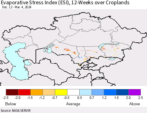 Kazakhstan Evaporative Stress Index (ESI), 12-Weeks over Croplands Thematic Map For 3/4/2024 - 3/10/2024