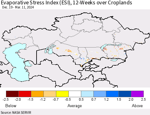 Kazakhstan Evaporative Stress Index (ESI), 12-Weeks over Croplands Thematic Map For 3/11/2024 - 3/17/2024
