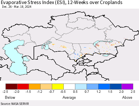 Kazakhstan Evaporative Stress Index (ESI), 12-Weeks over Croplands Thematic Map For 3/18/2024 - 3/24/2024