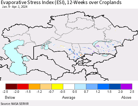 Kazakhstan Evaporative Stress Index (ESI), 12-Weeks over Croplands Thematic Map For 4/1/2024 - 4/7/2024