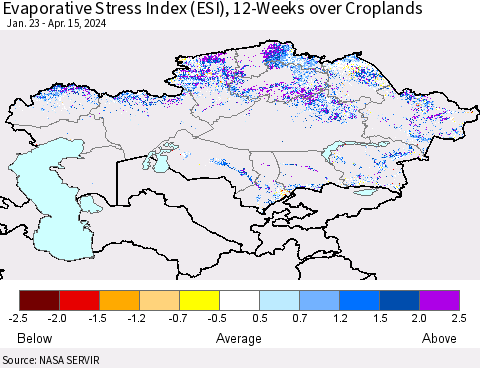 Kazakhstan Evaporative Stress Index (ESI), 12-Weeks over Croplands Thematic Map For 4/15/2024 - 4/21/2024