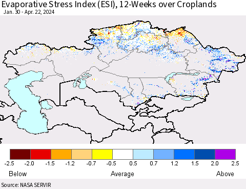 Kazakhstan Evaporative Stress Index (ESI), 12-Weeks over Croplands Thematic Map For 4/22/2024 - 4/28/2024