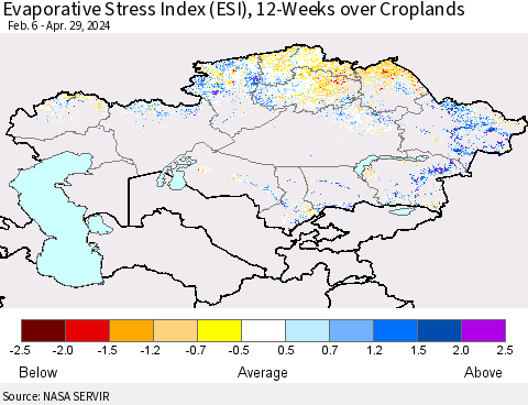 Kazakhstan Evaporative Stress Index (ESI), 12-Weeks over Croplands Thematic Map For 4/29/2024 - 5/5/2024