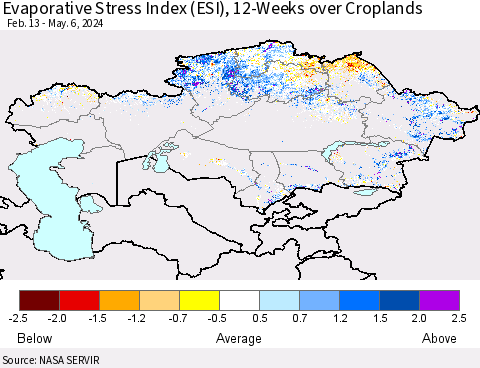 Kazakhstan Evaporative Stress Index (ESI), 12-Weeks over Croplands Thematic Map For 5/6/2024 - 5/12/2024