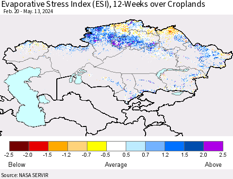 Kazakhstan Evaporative Stress Index (ESI), 12-Weeks over Croplands Thematic Map For 5/13/2024 - 5/19/2024