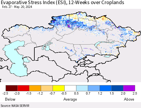 Kazakhstan Evaporative Stress Index (ESI), 12-Weeks over Croplands Thematic Map For 5/20/2024 - 5/26/2024