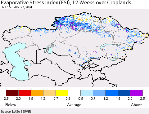 Kazakhstan Evaporative Stress Index (ESI), 12-Weeks over Croplands Thematic Map For 5/27/2024 - 6/2/2024