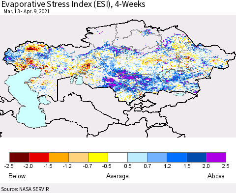 Kazakhstan Evaporative Stress Index (ESI), 4-Weeks Thematic Map For 4/5/2021 - 4/11/2021