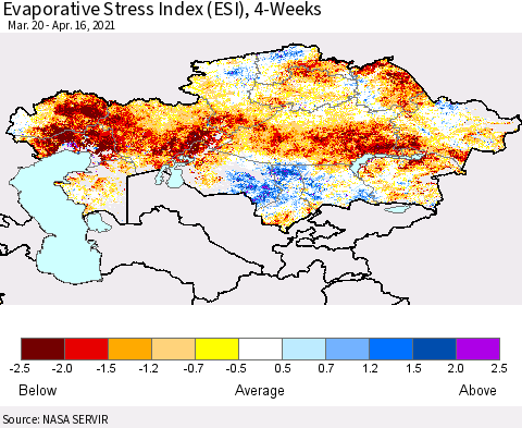 Kazakhstan Evaporative Stress Index (ESI), 4-Weeks Thematic Map For 4/12/2021 - 4/18/2021