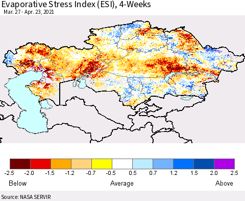Kazakhstan Evaporative Stress Index (ESI), 4-Weeks Thematic Map For 4/19/2021 - 4/25/2021