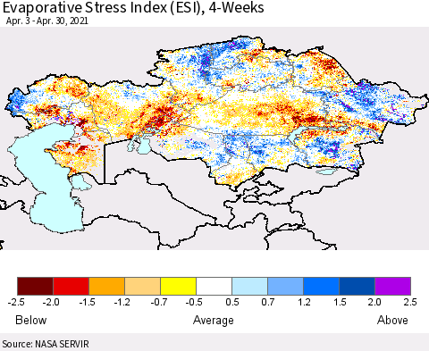 Kazakhstan Evaporative Stress Index (ESI), 4-Weeks Thematic Map For 4/26/2021 - 5/2/2021