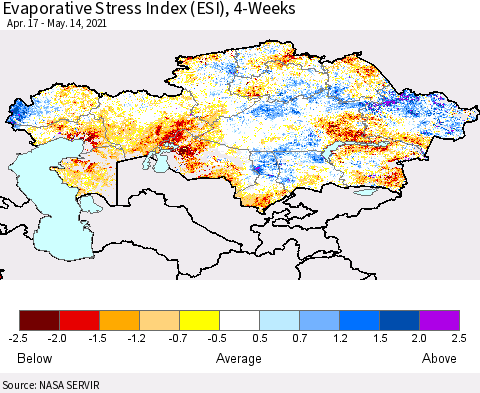 Kazakhstan Evaporative Stress Index (ESI), 4-Weeks Thematic Map For 5/10/2021 - 5/16/2021