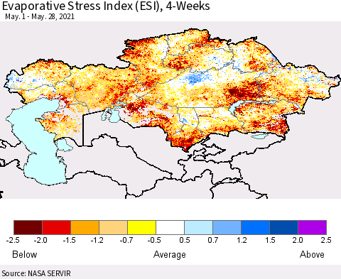 Kazakhstan Evaporative Stress Index (ESI), 4-Weeks Thematic Map For 5/24/2021 - 5/30/2021