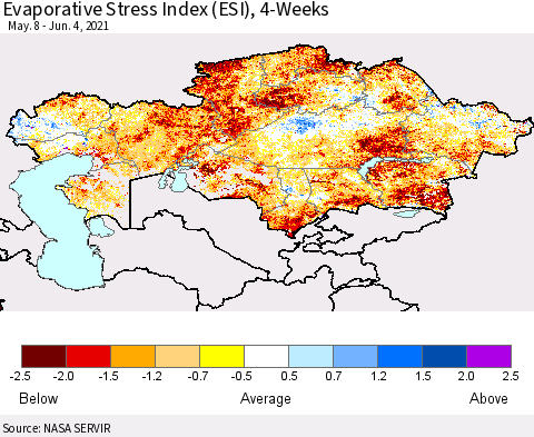 Kazakhstan Evaporative Stress Index (ESI), 4-Weeks Thematic Map For 5/31/2021 - 6/6/2021