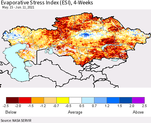 Kazakhstan Evaporative Stress Index (ESI), 4-Weeks Thematic Map For 6/7/2021 - 6/13/2021