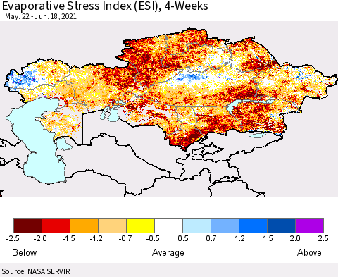 Kazakhstan Evaporative Stress Index (ESI), 4-Weeks Thematic Map For 6/14/2021 - 6/20/2021
