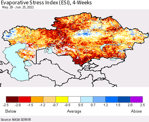 Kazakhstan Evaporative Stress Index (ESI), 4-Weeks Thematic Map For 6/21/2021 - 6/27/2021