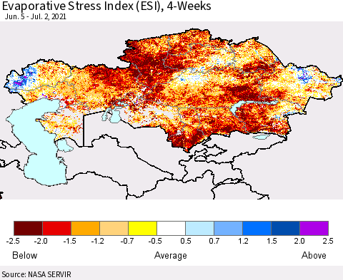 Kazakhstan Evaporative Stress Index (ESI), 4-Weeks Thematic Map For 6/28/2021 - 7/4/2021