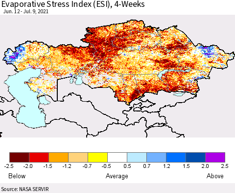 Kazakhstan Evaporative Stress Index (ESI), 4-Weeks Thematic Map For 7/5/2021 - 7/11/2021