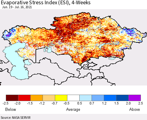 Kazakhstan Evaporative Stress Index (ESI), 4-Weeks Thematic Map For 7/12/2021 - 7/18/2021