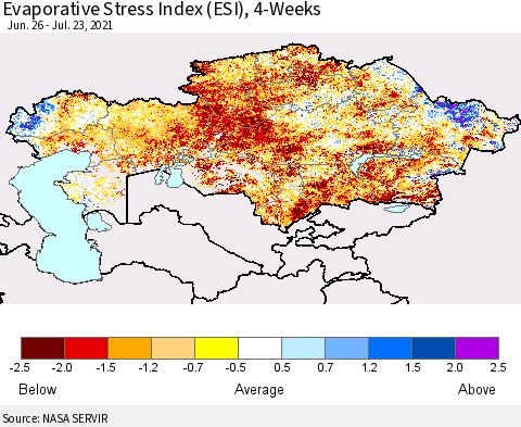 Kazakhstan Evaporative Stress Index (ESI), 4-Weeks Thematic Map For 7/19/2021 - 7/25/2021