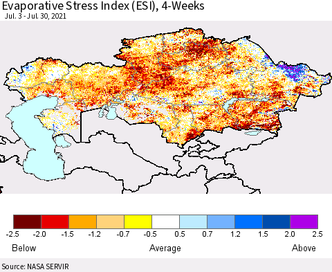 Kazakhstan Evaporative Stress Index (ESI), 4-Weeks Thematic Map For 7/26/2021 - 8/1/2021