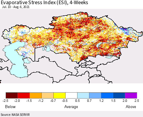 Kazakhstan Evaporative Stress Index (ESI), 4-Weeks Thematic Map For 8/2/2021 - 8/8/2021