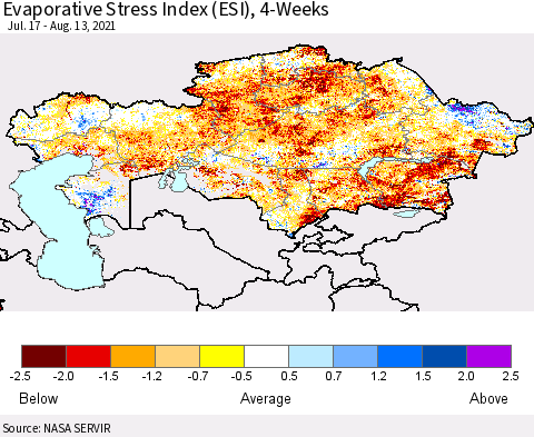 Kazakhstan Evaporative Stress Index (ESI), 4-Weeks Thematic Map For 8/9/2021 - 8/15/2021