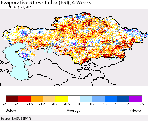Kazakhstan Evaporative Stress Index (ESI), 4-Weeks Thematic Map For 8/16/2021 - 8/22/2021