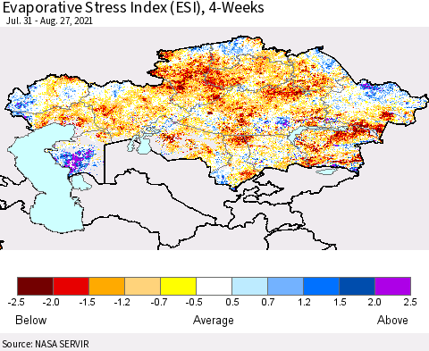 Kazakhstan Evaporative Stress Index (ESI), 4-Weeks Thematic Map For 8/23/2021 - 8/29/2021
