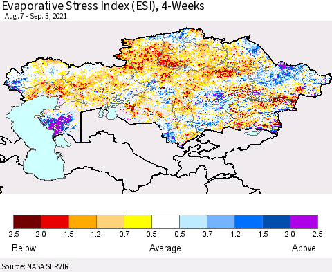 Kazakhstan Evaporative Stress Index (ESI), 4-Weeks Thematic Map For 8/30/2021 - 9/5/2021