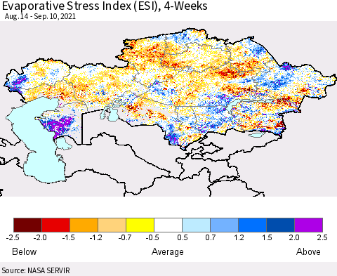 Kazakhstan Evaporative Stress Index (ESI), 4-Weeks Thematic Map For 9/6/2021 - 9/12/2021