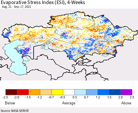 Kazakhstan Evaporative Stress Index (ESI), 4-Weeks Thematic Map For 9/13/2021 - 9/19/2021