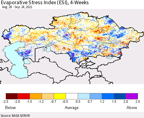 Kazakhstan Evaporative Stress Index (ESI), 4-Weeks Thematic Map For 9/20/2021 - 9/26/2021