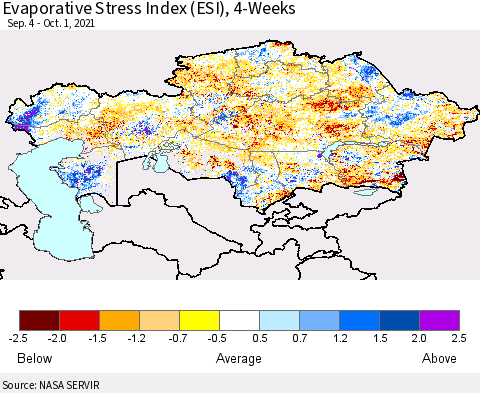 Kazakhstan Evaporative Stress Index (ESI), 4-Weeks Thematic Map For 9/27/2021 - 10/3/2021