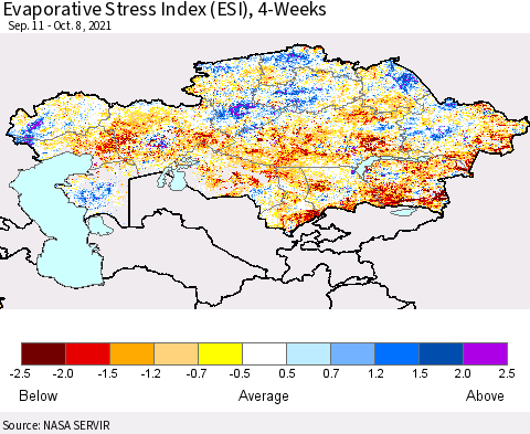 Kazakhstan Evaporative Stress Index (ESI), 4-Weeks Thematic Map For 10/4/2021 - 10/10/2021
