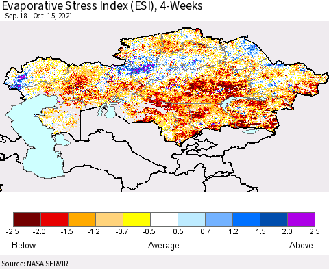 Kazakhstan Evaporative Stress Index (ESI), 4-Weeks Thematic Map For 10/11/2021 - 10/17/2021
