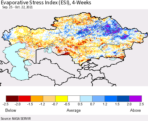 Kazakhstan Evaporative Stress Index (ESI), 4-Weeks Thematic Map For 10/18/2021 - 10/24/2021