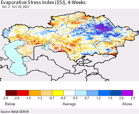 Kazakhstan Evaporative Stress Index (ESI), 4-Weeks Thematic Map For 10/25/2021 - 10/31/2021
