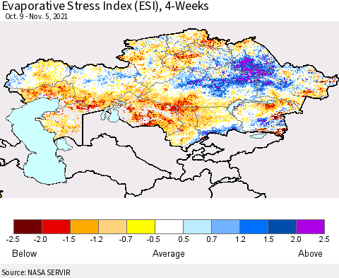 Kazakhstan Evaporative Stress Index (ESI), 4-Weeks Thematic Map For 11/1/2021 - 11/7/2021